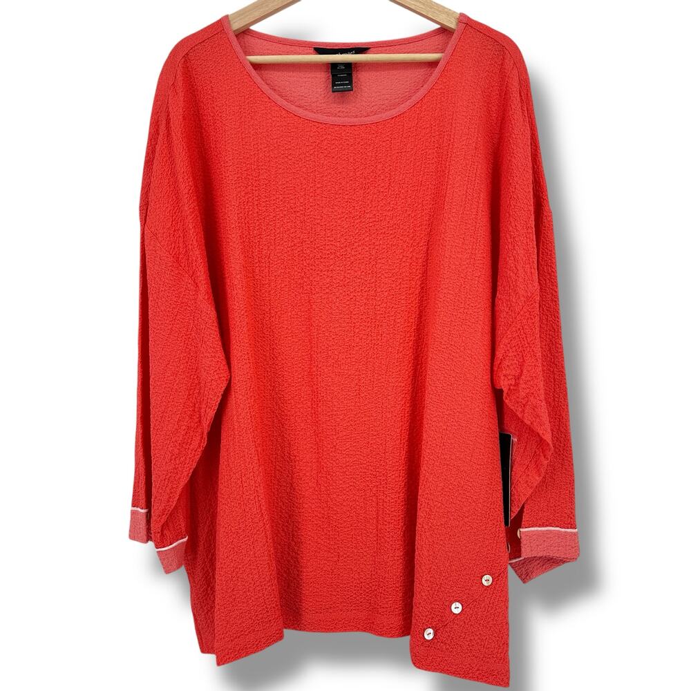 Ali Miles Textured Button Detail 3/4 Sleeve Tunic Top Shirt Plus Sz 2X Coral